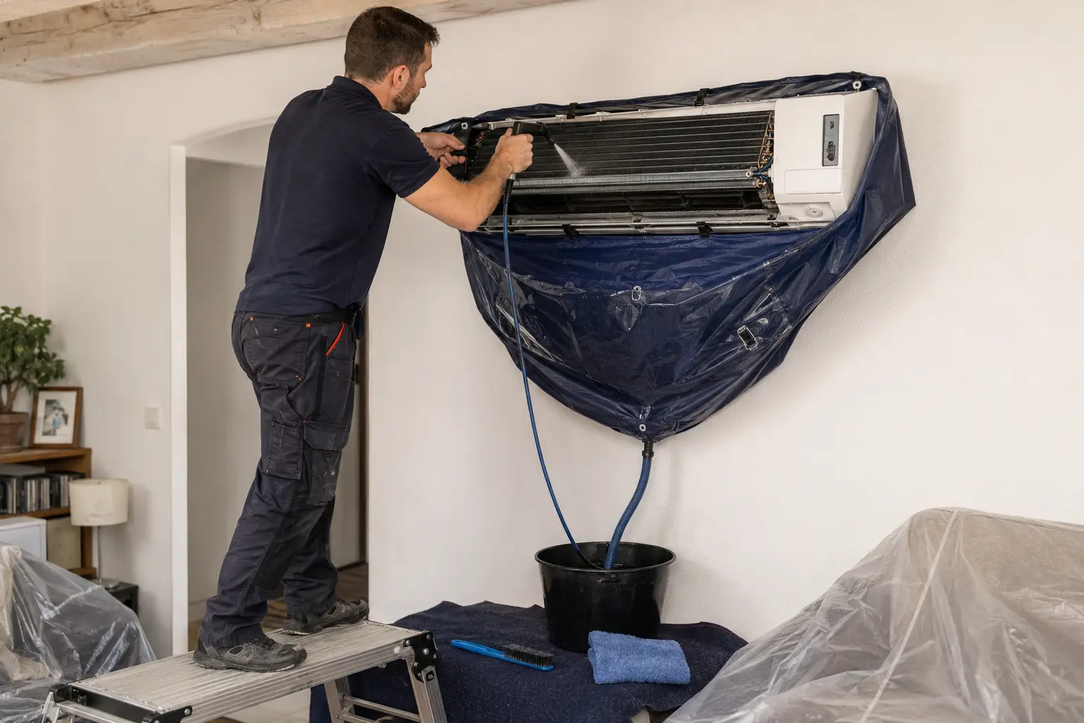 Technicien sur une plateforme d'échafaudage pulvérisant l'échangeur d'une unité intérieure de climatisation murale, façade démontée, bâche de récupération bleue accrochée sous l'appareil et tuyau d'évacuation dirigé vers un seau