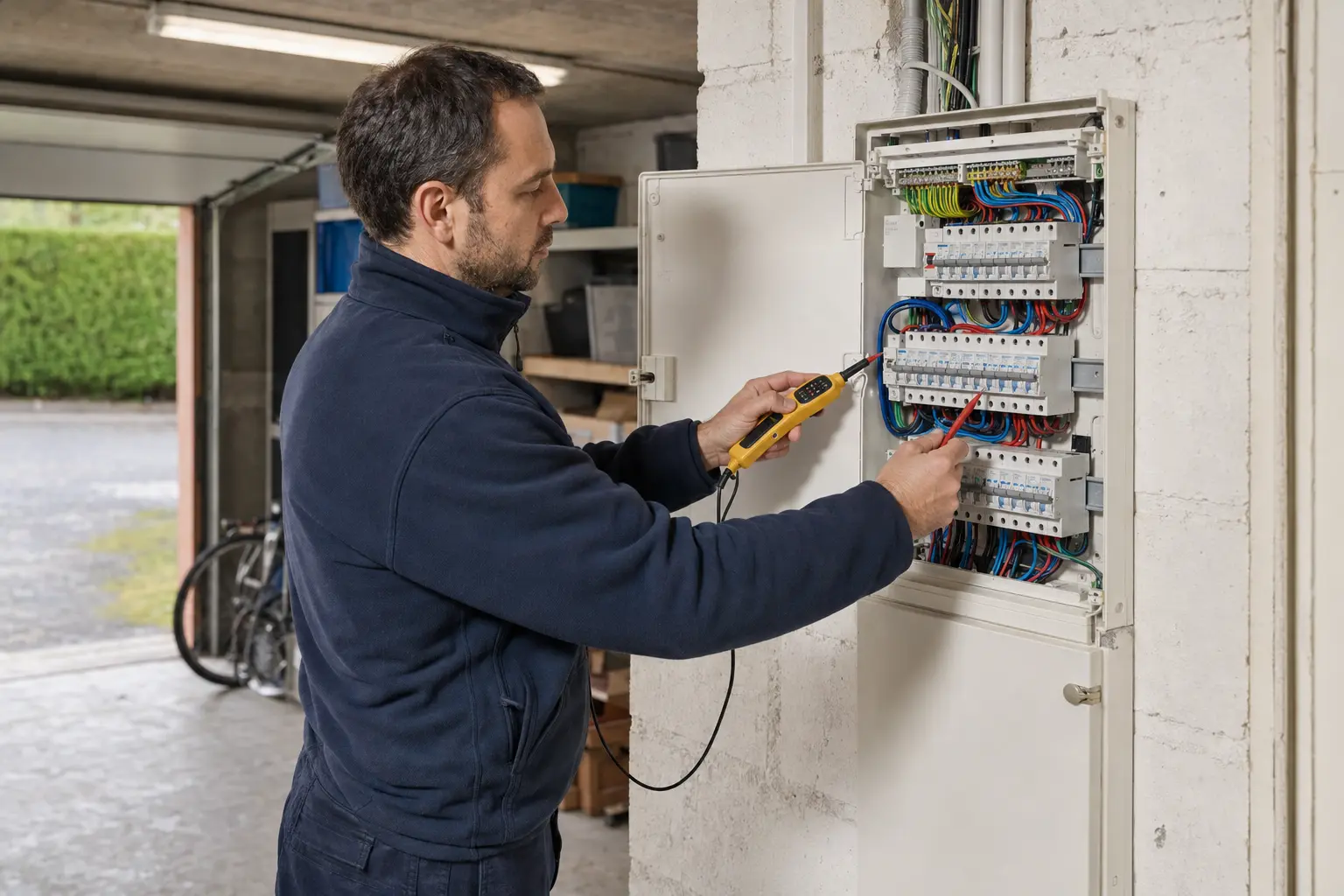 Homme en vêtements de travail bleu marine devant un tableau électrique modulaire ouvert dans un garage, un vérificateur d'absence de tension bipolaire dans chaque main, appuyé sur les bornes d'un disjoncteur