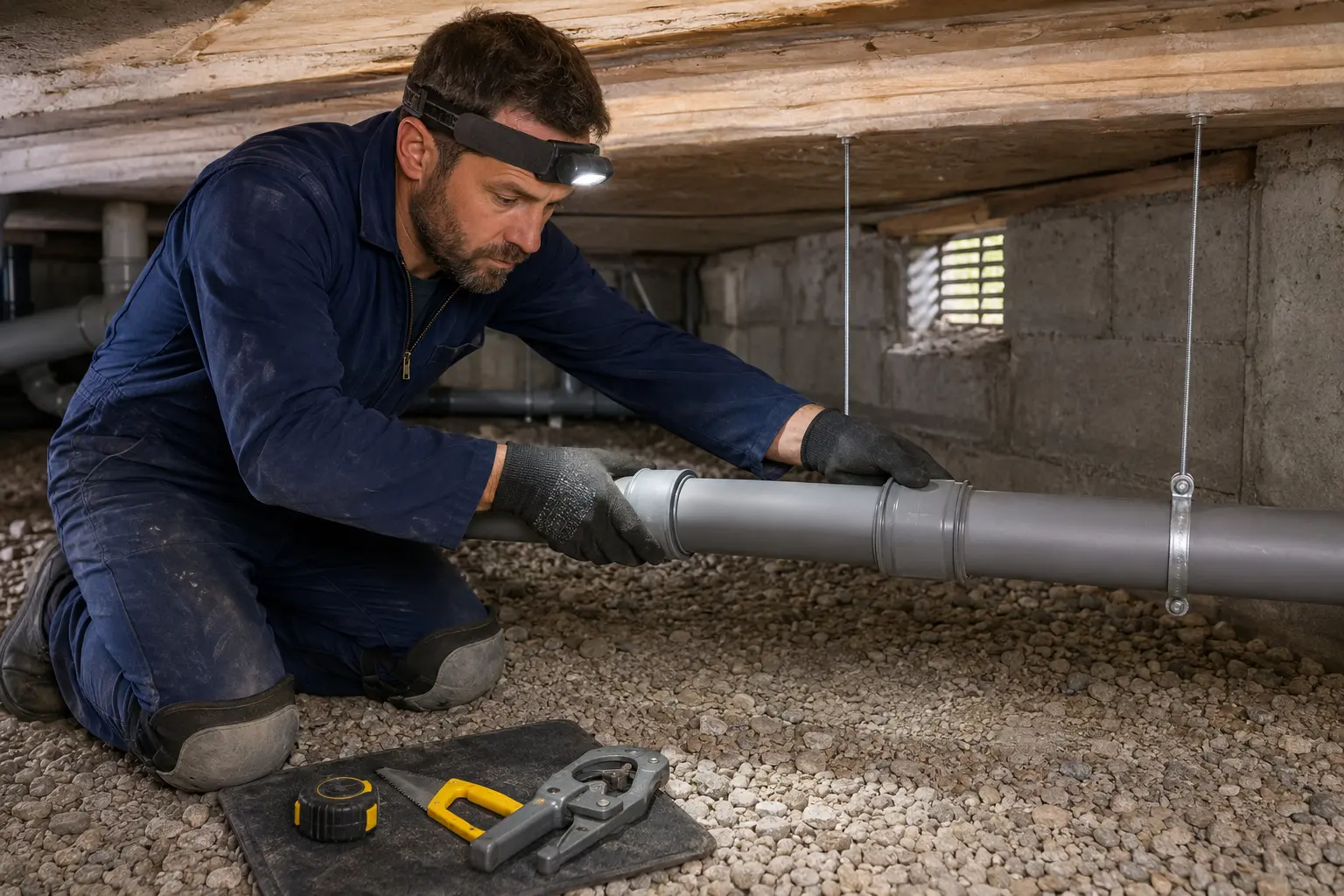 Homme à genoux dans un vide sanitaire, lampe frontale allumée, ajustant un raccord coulissant sur une canalisation d'évacuation en PVC gris fixée par des colliers, outils posés au sol