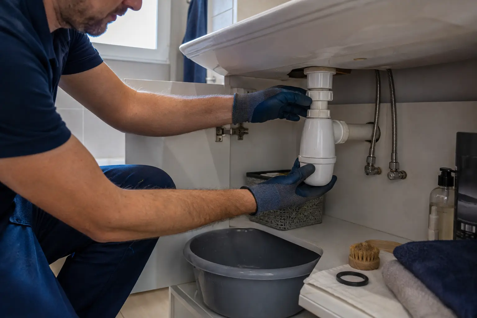 Mains gantées démontant à la main la bague d'un siphon bouteille en plastique sous un lavabo, une bassine posée dessous pour recueillir l'eau, sans pince sur le plastique